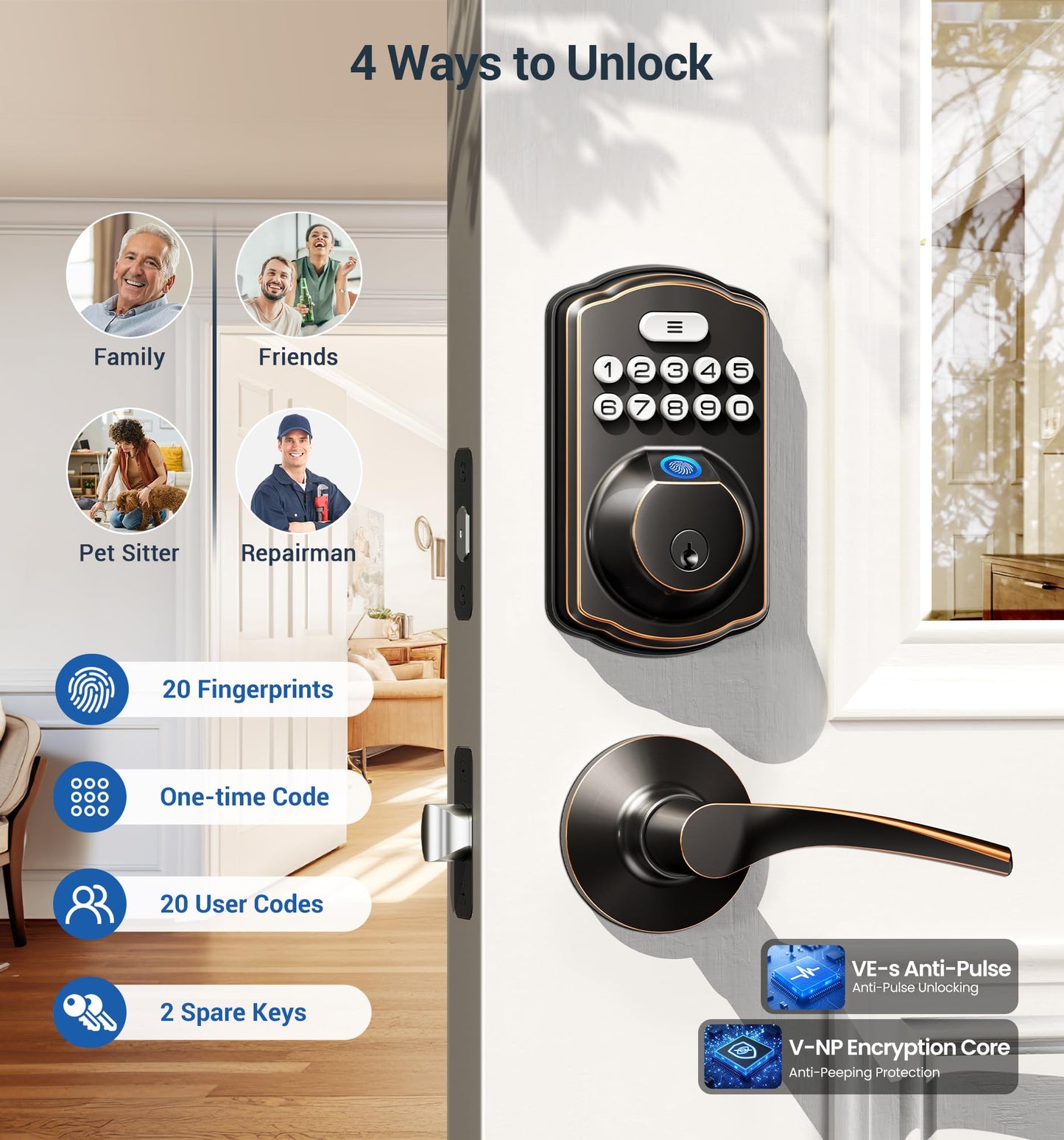 Veise Fingerprint Door Lock with 2 Lever Handles - Keyless Entry Door Lock, Electronic Keypad Deadbolt, Digital Smart Code & Front Handle Sets, Auto-Locking, Easy Installation, Oil Rubbed Bronze