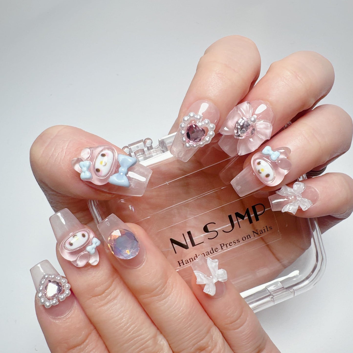 NLSJMP Thick Acrylic Press on Nails, Handmade Gel Press On Nails Long Square, bling pearl Cute bow rhinestone Kawaii Fake Nails Kit,Reusable 10 Nails Size M,#949, 949(Medium)