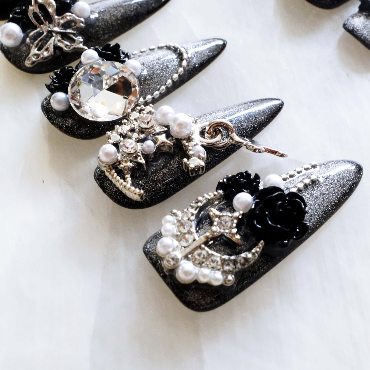 GLORS Luxury Long Stiletto Press-On Nails, 3D Black Roses with Silver Glitter, Pearl and Rhinestone Decorations, Handmade False Nail 10 Pieces (Small, LS)