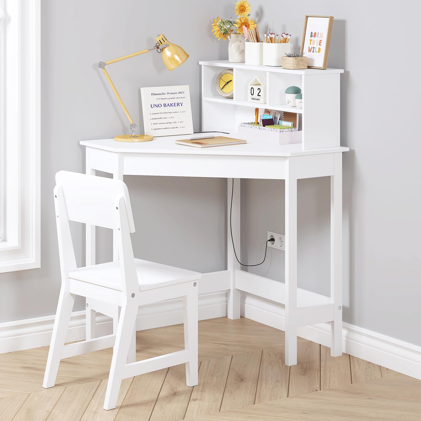 UTEX Kids Desk, Kids Corner Desk and Chair Set, Children Study Table with Storage and Hutch for Home School Use, White