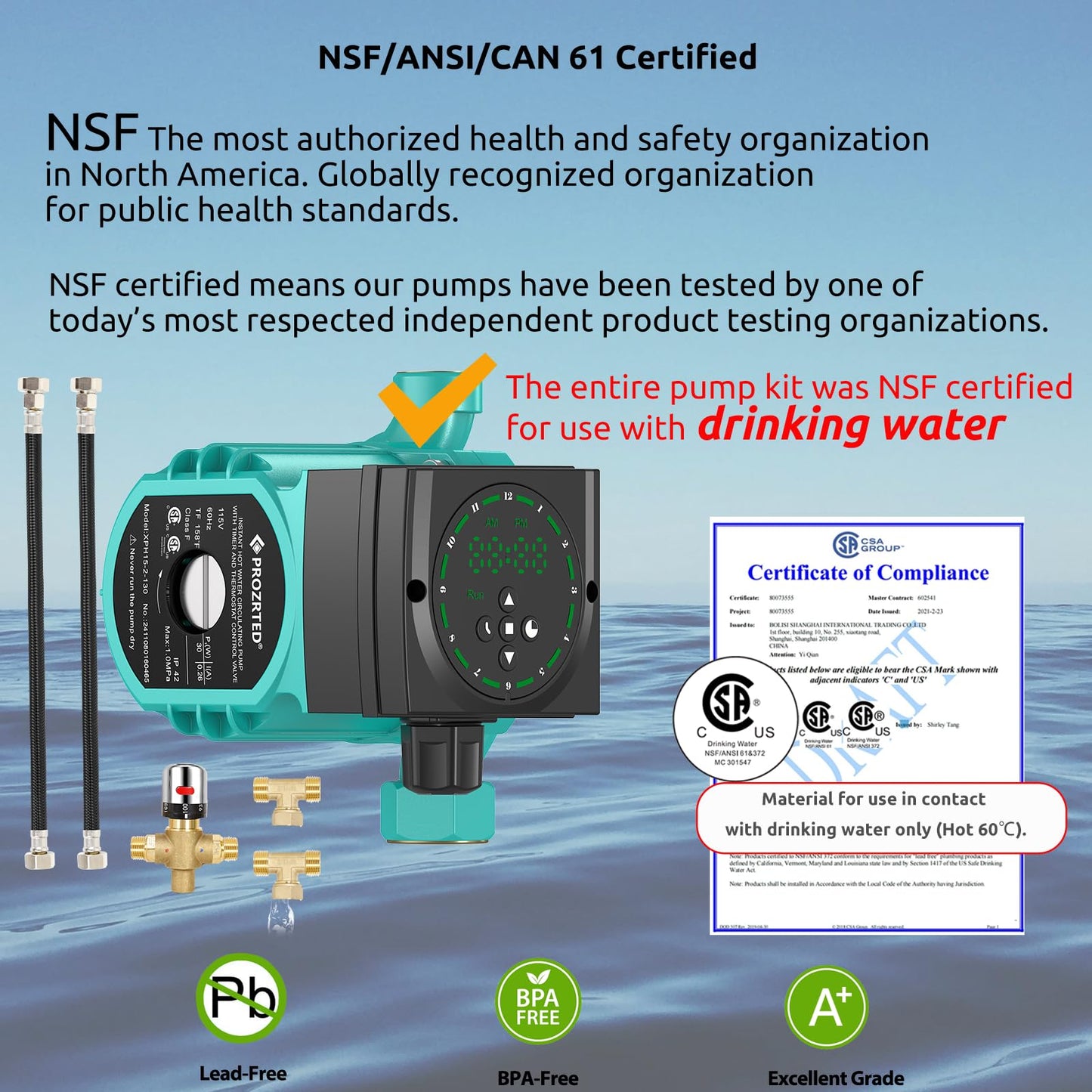 PROZRTED Instant Hot Water Circulating Pump with Built-in Digital Timer and Adjustable Thermostat Control Valve (From 68°F to 118°F),10 ft Cord, 2 Supply Lines