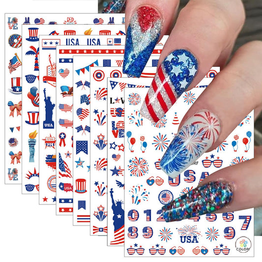 8 Sheets July 4th Nail Art Stickers Independence Day American Flag 3D Self-Adhesive Patriotic Eagle Star Memorial Day Nail Supplies Women DIY Nail Decorations