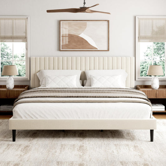 Sismplly King Size Bed Frame with Velvet Upholstered Headboard, Platform Bed with Strong Wood Slats, Mattress Foundation, Box Spring Optional, Easy Assembly, Beige
