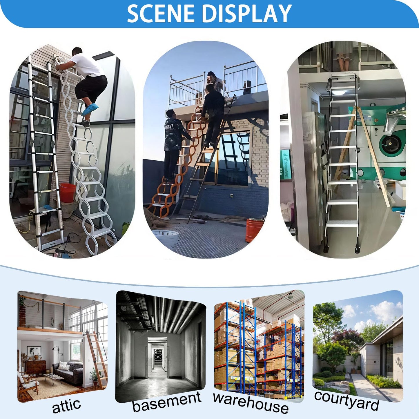 Wall Mounted Folding Ladder with Handrails, Pull Down System Attic Stairs, Telescopic Attic Ladder, Applicable Height 9.6-10ft, Attic, Basement, Warehouse, Passage Folding Stair (Black, 12 Steps)