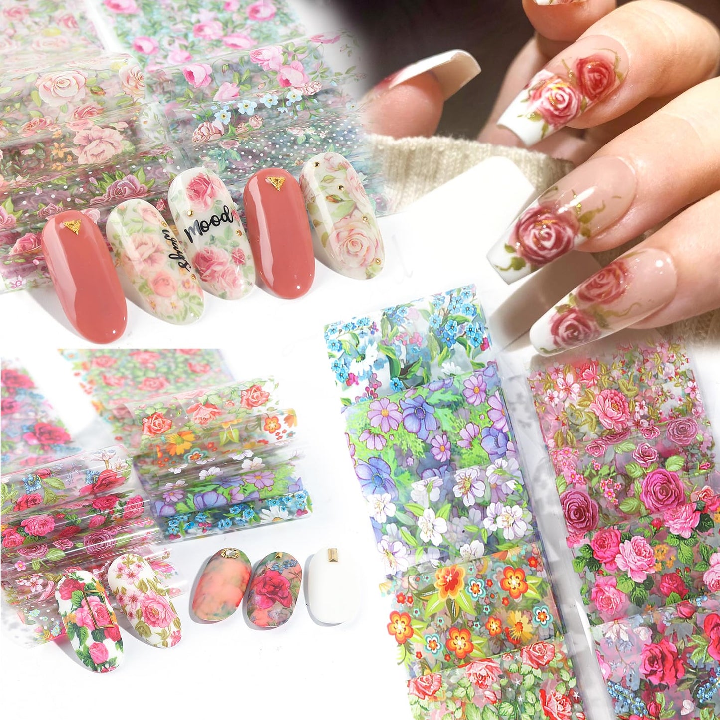 Rose Flower Nail Foil Transfer Nails Art 50PCS Valentine's Day Nail Art Foils Sheets Love Heart Lips Designs Stickers Starry Sky DIY Valentines Decals for Women Acrylic Supplies Manicure Decoration