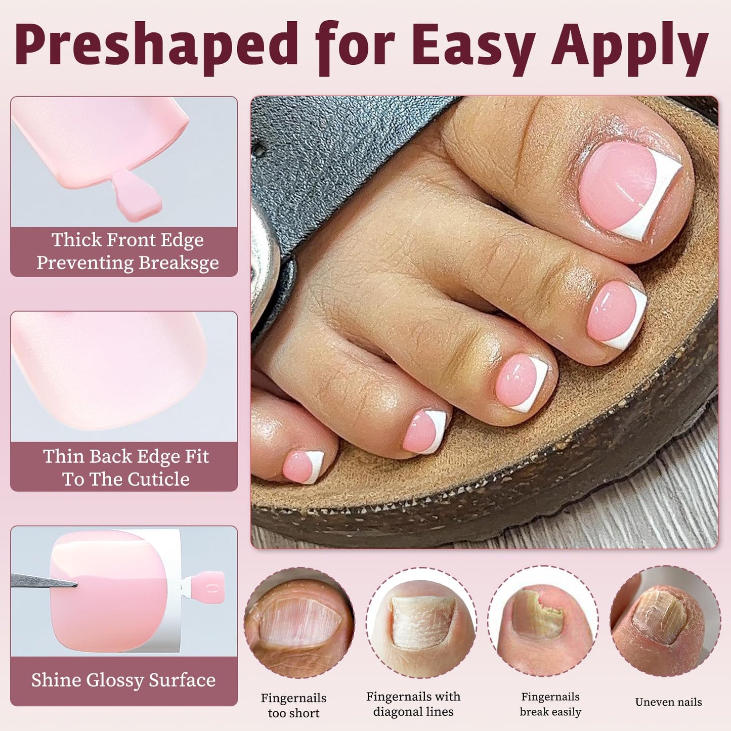 Bellelfin French Press On Toenails For Women with Nail Adhesive Tabs, 150 Pcs White French Tip Toe Nail Press Ons, Short Square Toenail Press On, 15 Sizes Full Cover Acrylic Fake Toe Nails