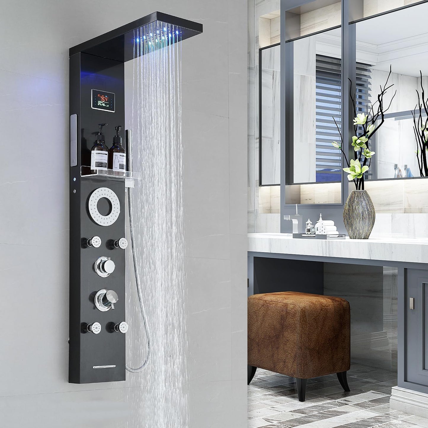 RUMOSE Matte Black Shower Panel Tower System, 5-Function Shower Faucet Set LED Light Rainfall Shower Head Digital Display with Massage Jets Tub Spout Shower Shelves, Stainless Steel, Wall Mount