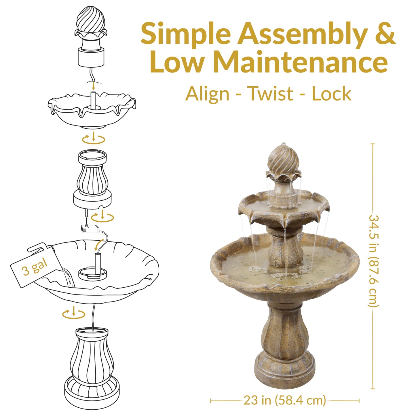 Sunnydaze 35" Solar 2-Tier Outdoor Water Fountain - Outdoor Water Fountain with Battery Backup and Pump - Earth