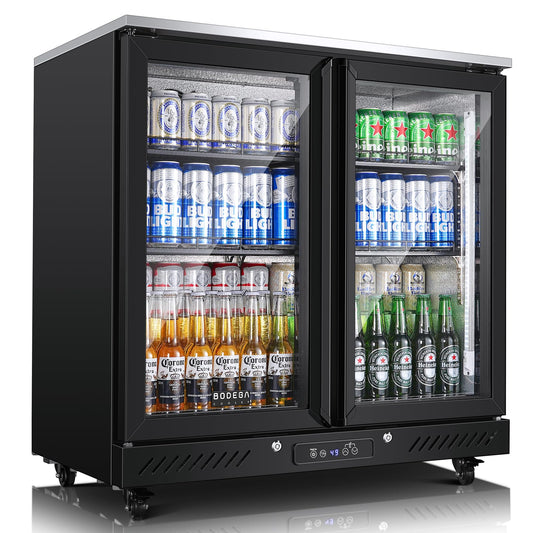 BODEGACOOLER Back Bar Cooler with 2 Glass Doors,7.7 Cu.ft Commercial Bar Beverage Refrigerator Under Counter LED Lighting for Soda Drinks,Beer,Wine with Stainless Steel Top,DOE Approved,4 Casters