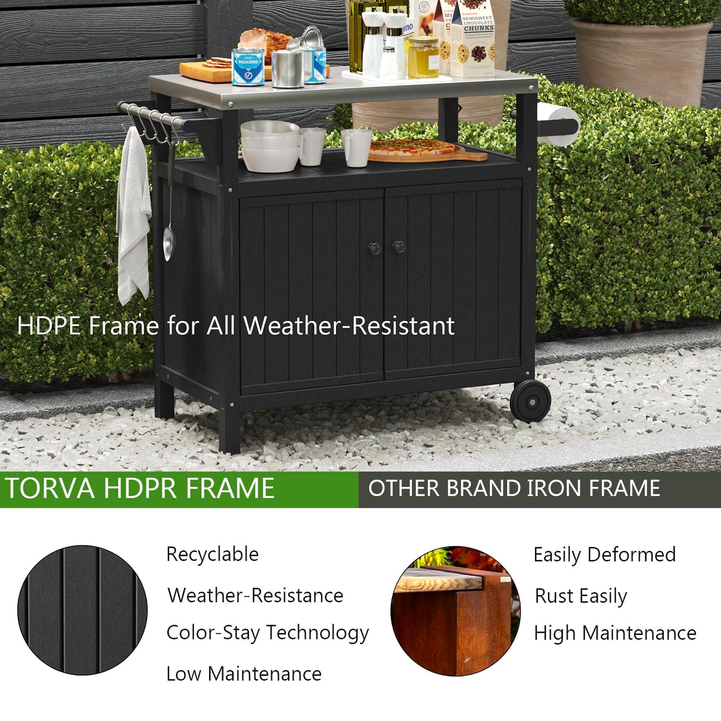 TORVA Portable Outdoor Grill Prep Table with Storage, Waterproof Outdoor Grill Cabinet, Stainless-Steel Tabletop Outdoor Kitchen Island, BBQ Cart with Wheels, Hooks and Side Shelf | Black
