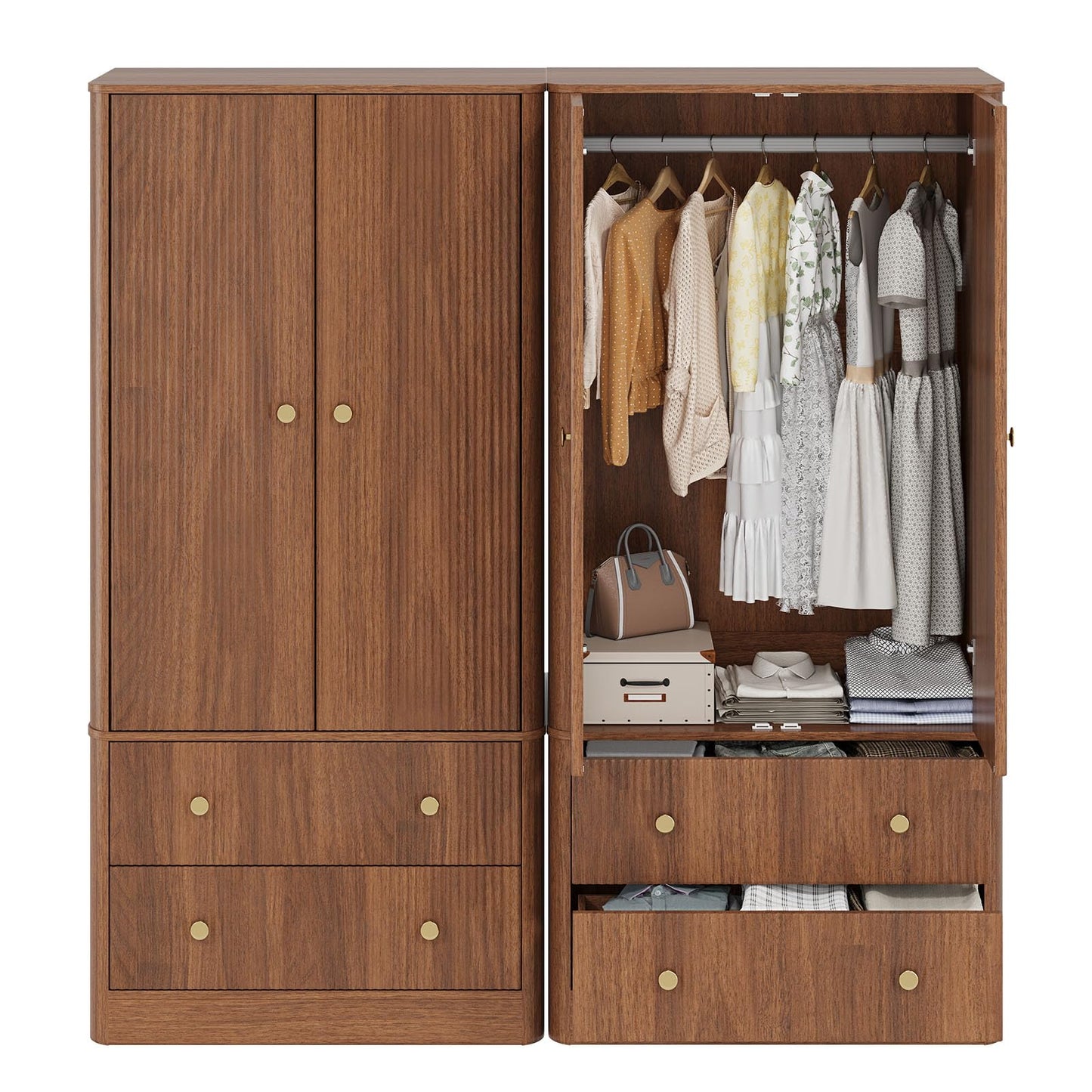 EVLIQUIL Mid-Century Modern Bedroom Armoires Wardrobe - 66" Clothing Storage Organizer with 2 Spacious Drawers & Hanging Rod, Freestanding Space-Saving Walnut Finish, Walnut