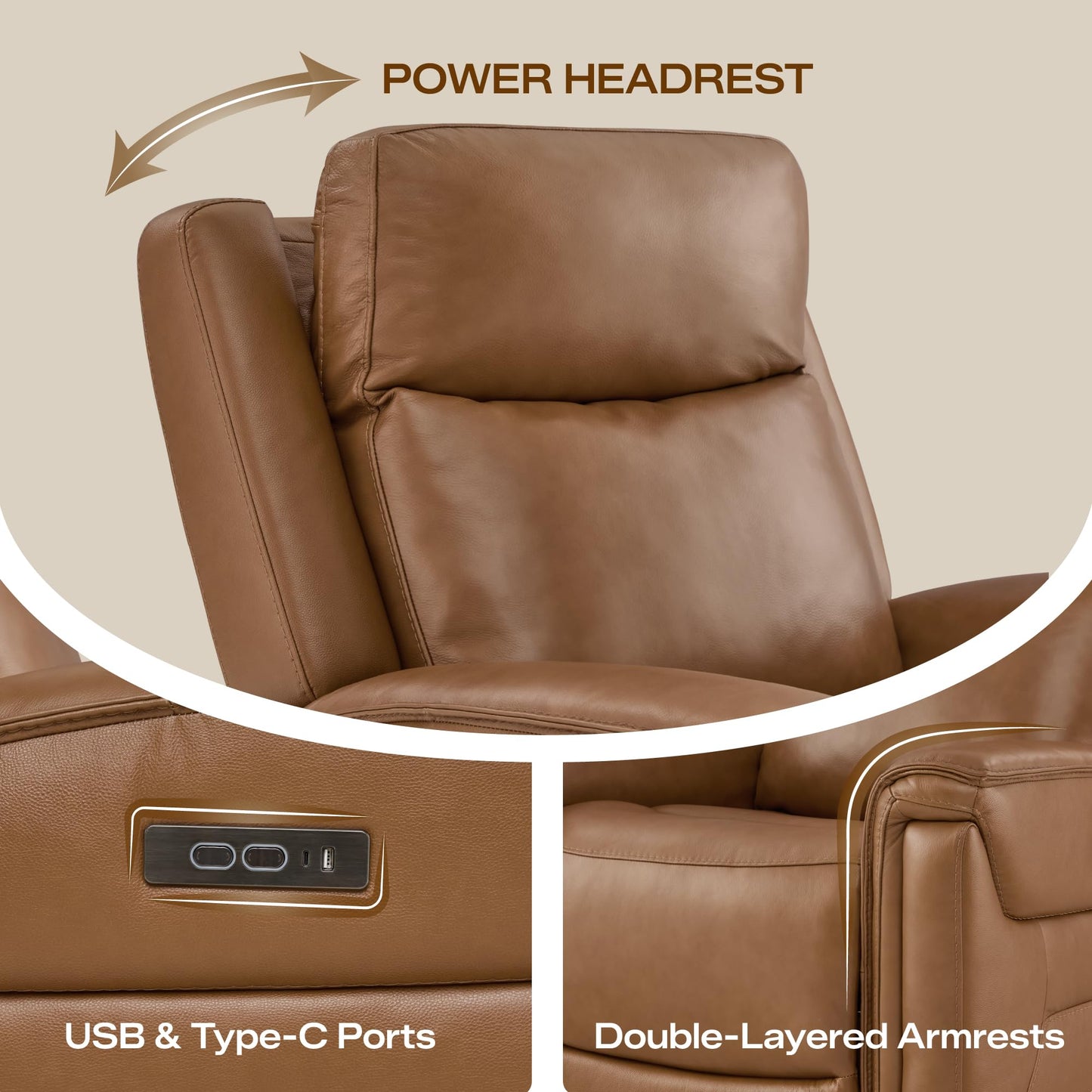 Watson & Whitely Super Zero Gravity Power Recliner Chair with Power Headrest, Genuine Leather Recliner with USB & Type-C Ports, Electric Reclining Sofa Chair for Living Room, Bedroom, Saddle Brown