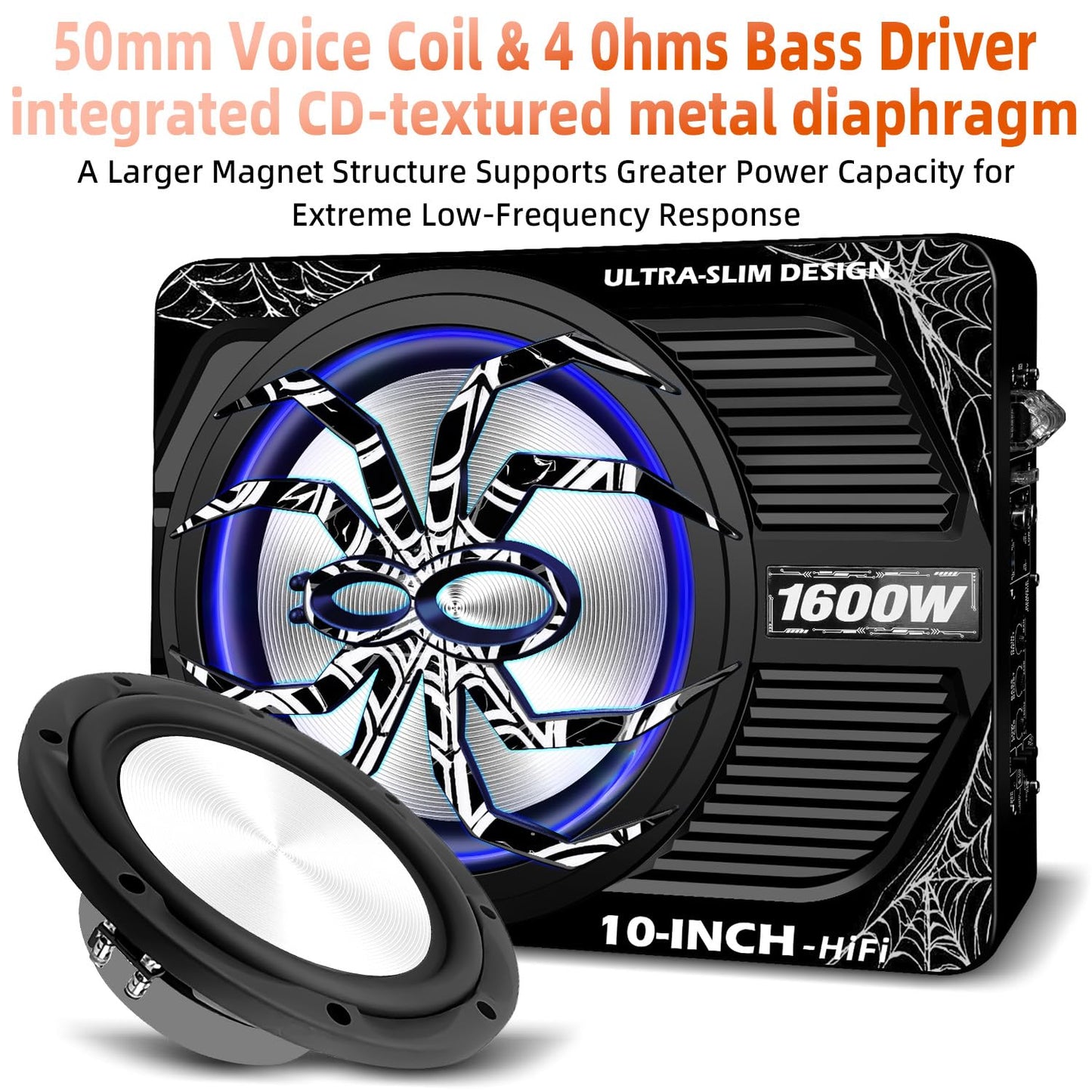 SCBPAUD 2026 Upgraded 1600W Slim Underseat Car Subwoofer and Amp Package, Powered Sub with Built-in Class D Amplifier, Blue LED Ambient Light, Deep bass, Under Seat Subwoofer for Car