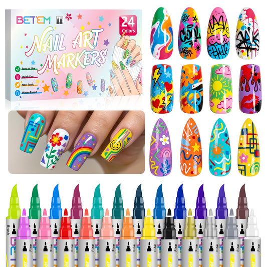 Betem Nail Art Pens Set, Dual Tip 24 Colors Nails Art Markers Non-Toxic, Quick-drying Nail Polish Pens, Acrylic Nail Kit for Home & Salon DIY, Easy French Manicure Tool, Gifts for Mom, Friends