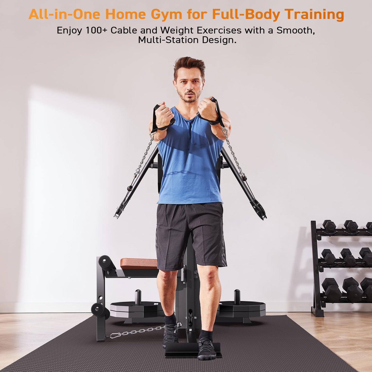 Multi Functional Home Gym Machine, All in One Compact Fitness Station with Pulley System for Shoulder, Leg, LAT Pulldown and Rowing, Space Saving Plate Loaded Strength Training Equipment