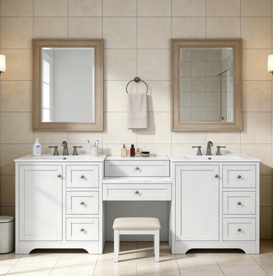 Merax 84" Double Sink Bathroom Vanity with Engineered Stone Countertop & 2 Ceramic Sinks,Large Storage Vanity with 6 Soft Close Drawers,Silver Metal Knobs for Master Bathroom,Family Bath,White