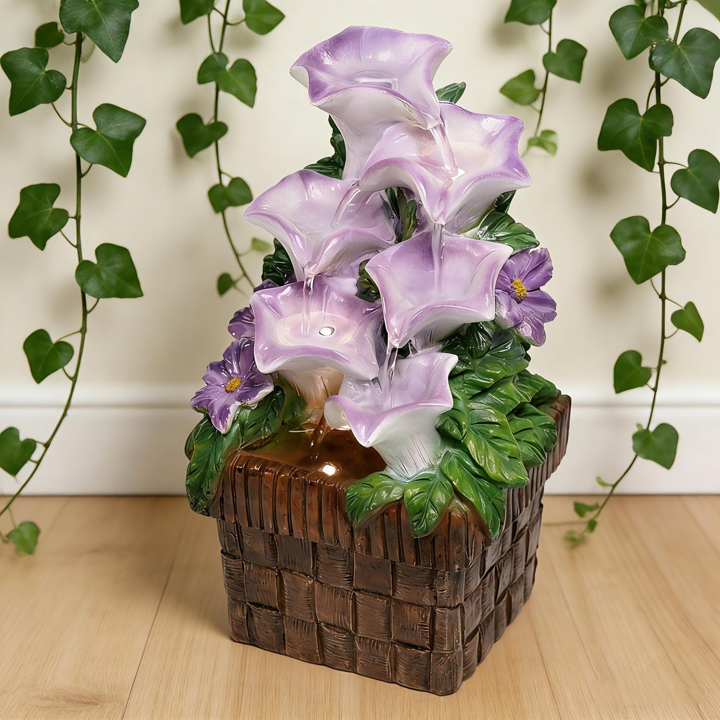 WZAPPKEW Tabletop Water Fountain Purple Water Fountains Indoor Morning Glory Themed Lavender Desk Fountain with Light for Home Heavenly Blue Zen Water Fountain for Room Relaxation Meditation(Lavender)