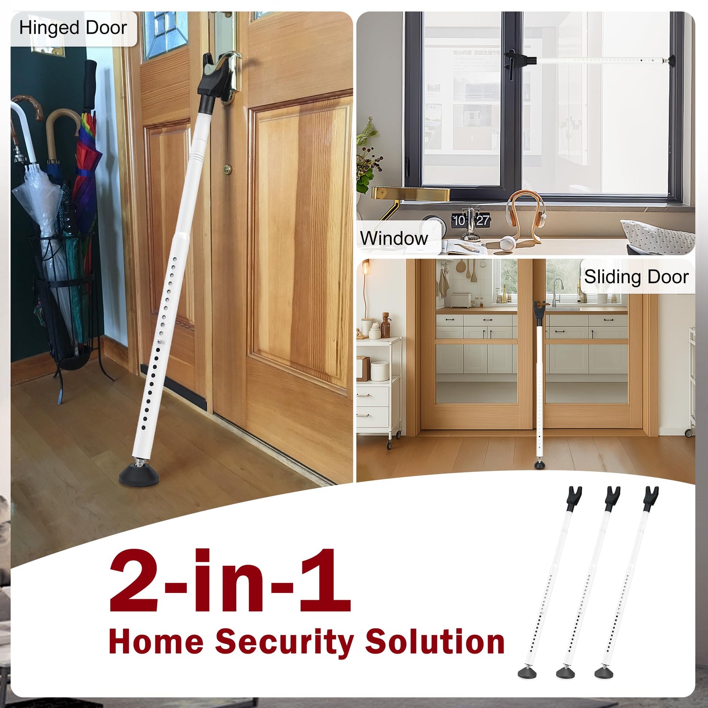 Sliding Door Security Bar, 3 Pack Adjustable Heavy Duty Sliding Door Lock Bar with Removable Y-Head, Non-Slip Base, Length Adjustment Pin for Home, Apartment, Travel (400 Lbs Capacity)