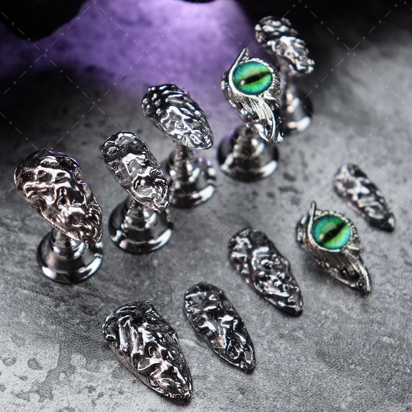 Halloween Press on Nails Medium Almond Handmade Press on Nails 3D The Eye of Demons Stick on Nail Full Cover Metal Texture Acrylic Nails Halloween Nail Art for Women Supplies (Size M)