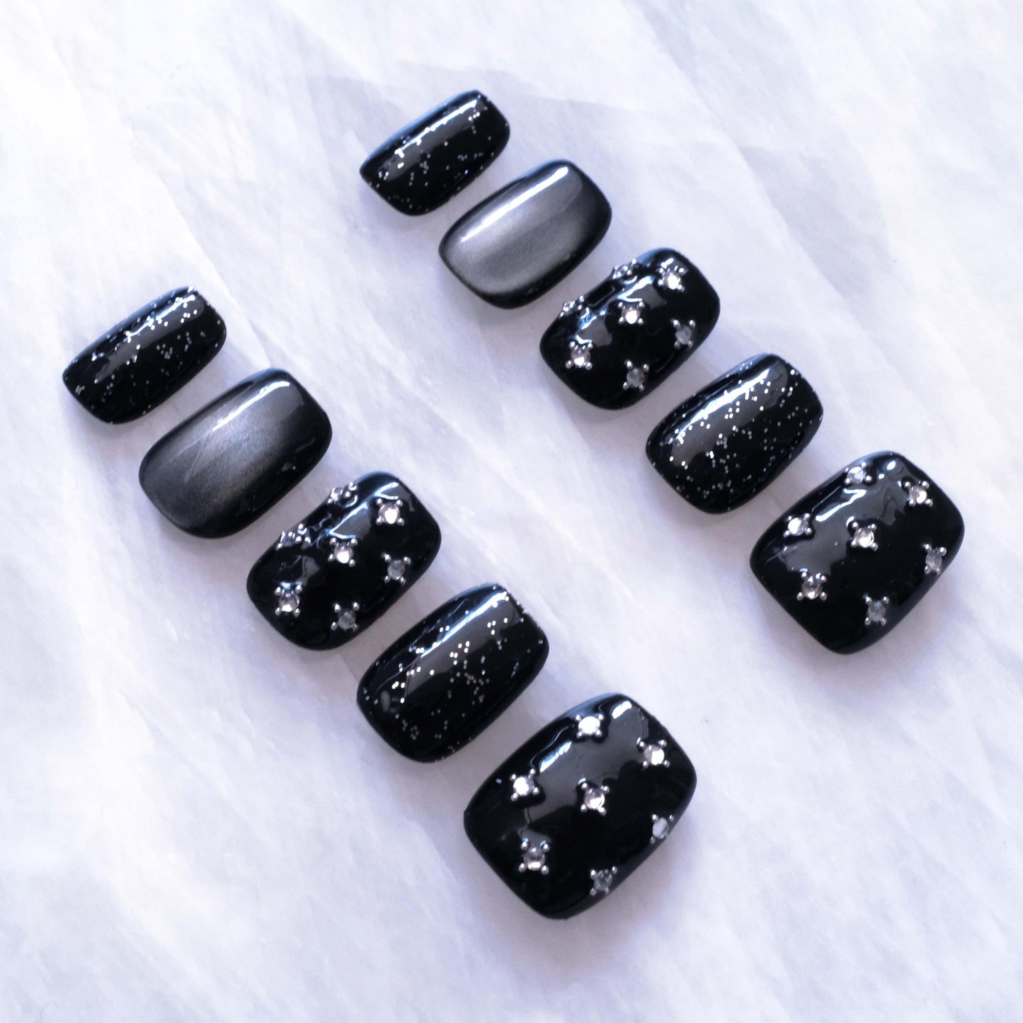 BlackStar - Handmade Press on Nails, Black Starry Sky with Cat Eye, Rhinestone Bling, Short Square Shape, 10PCS (XS Size, SS)