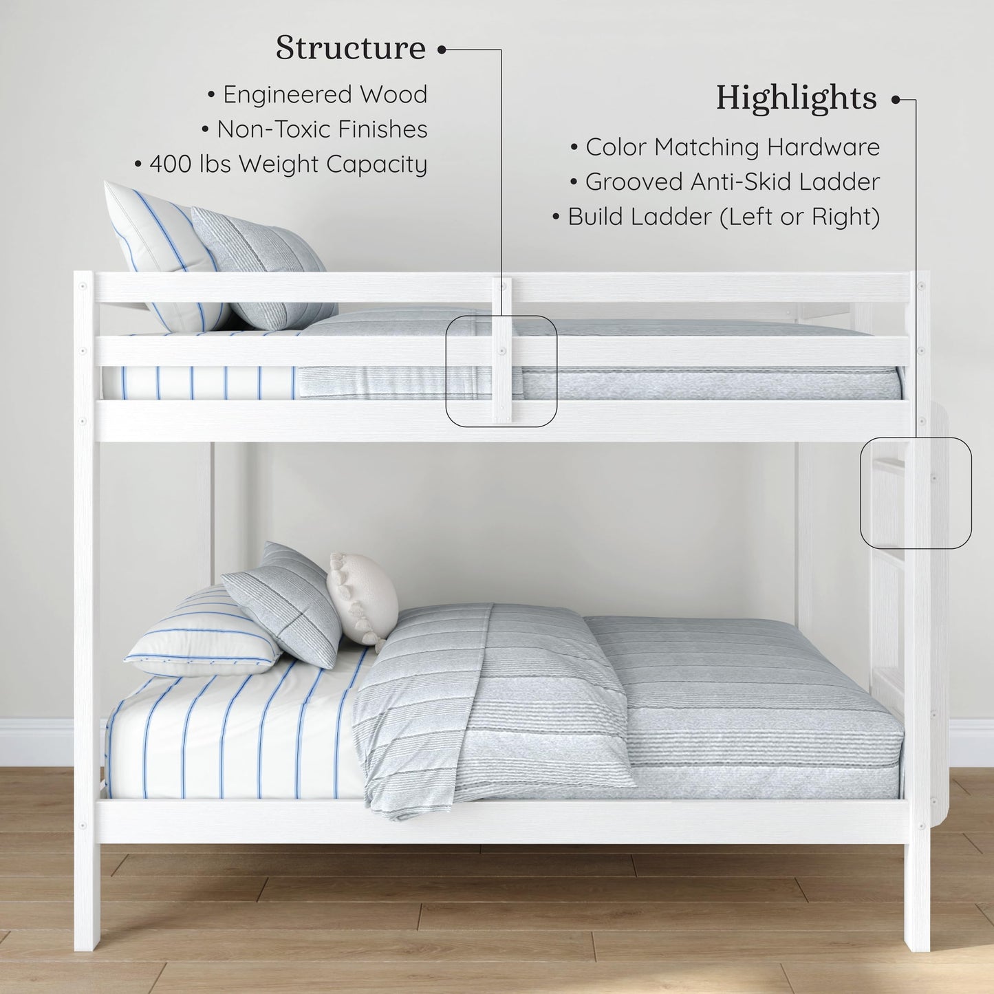 Grain & Grove Bear Twin Over Twin Bunk Bed, Sturdy Bunk Bed Frame for Kids, Plywood Bunk with Ladder, Guardrail, and Slats, No Box Spring Required, Brushed White