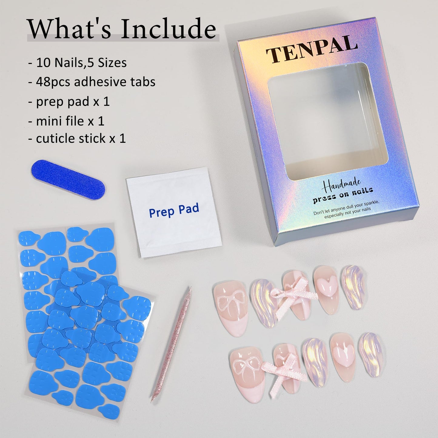 TENPAL French Tip Press On Nails Short Almond Nude Pink Gel Fake Nails With Glue Aurora French False Nails With Sparkling Waves 3D Bow 10pcs/Box Lovely Sweet Cute Acrylic Stiletto Nail Tips(XS)