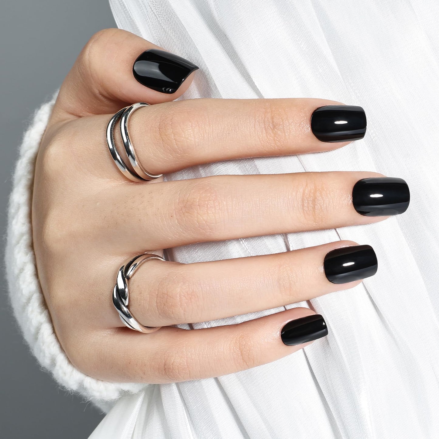 Black Press On Nails Square - Short Square Goth Fake Nails with Nail Glue, Solid Black Press On Nails Reusable Gothic Stick On Nails in 15 Sizes - 30 Nail Kit for Women & Girls | Salon Quality