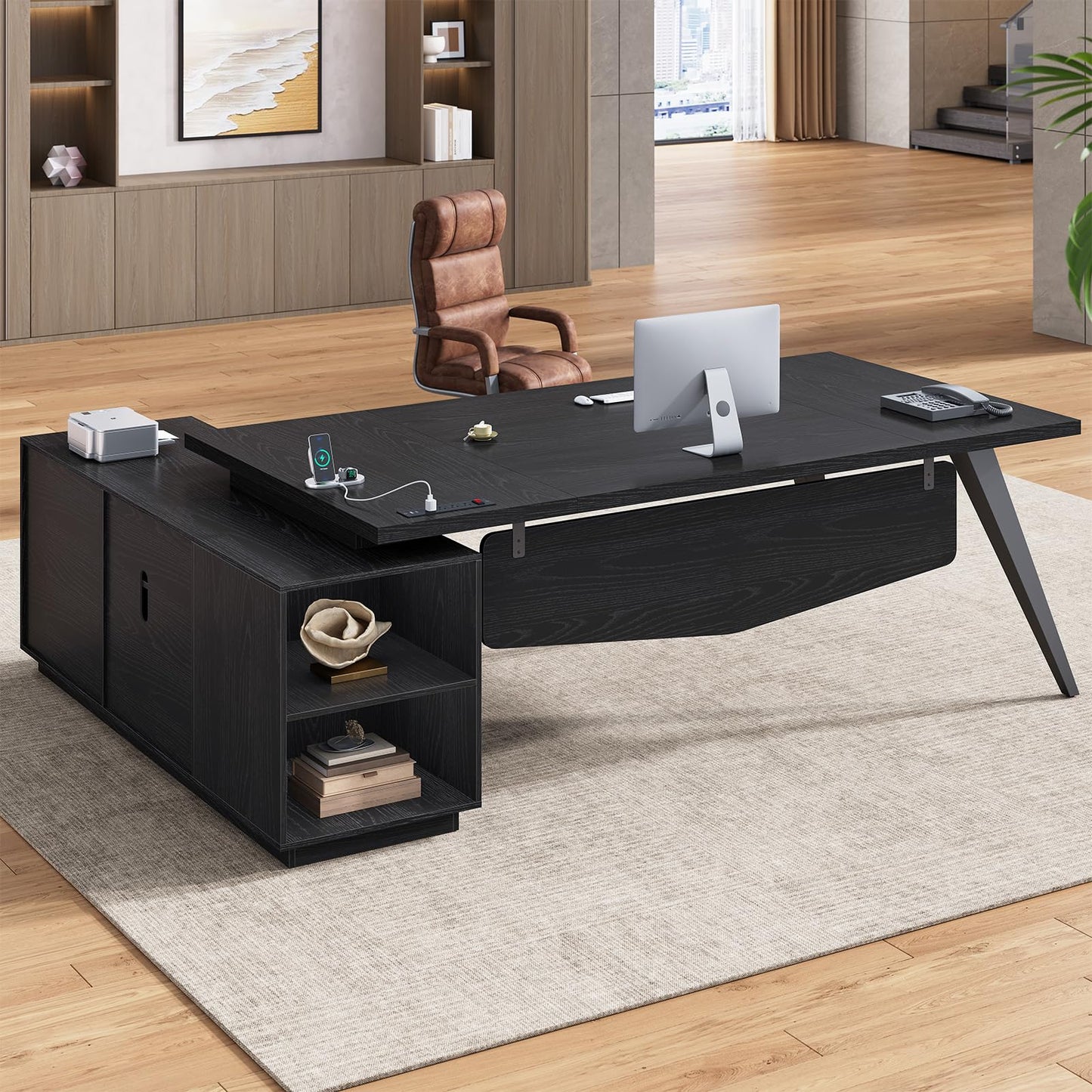 70.3 inch L Shaped Executive Desk with Power Outlets, Large Home Office Desk with Storage Drawers and File Cabinet, Modern Computer Desk with Shelves, Black Business Furniture, Square Tapered Legs