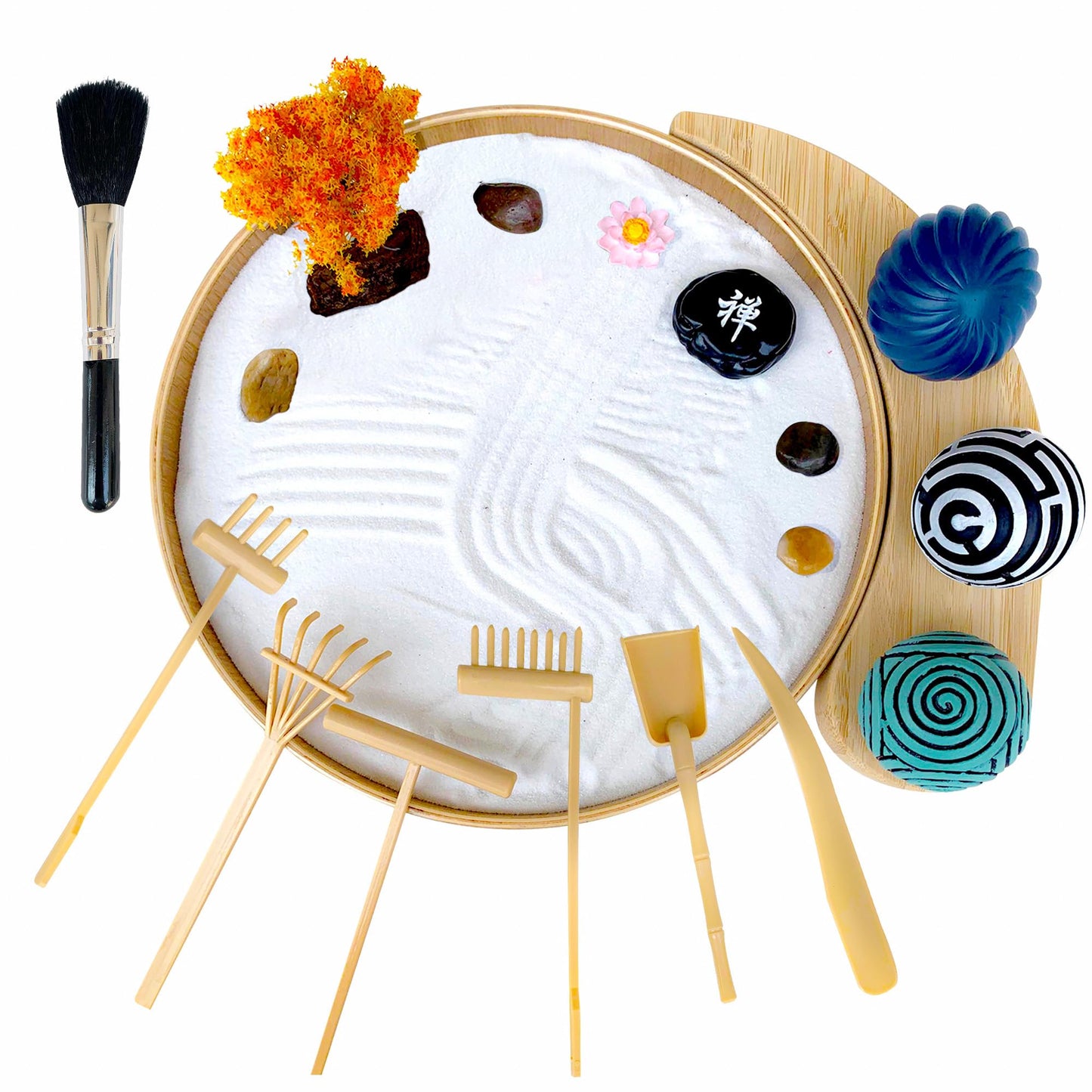 Zen Garden for Desk, Sand Tray Therapy Kit,Zen Gift Set,Japanese Desktop Mini Zen Garden, Zen Office Décor & Home Meditation - 3 Stamp Spheres & Custom Holder, Sand Tools & Rake