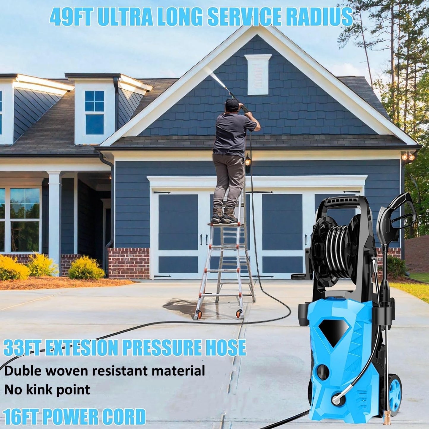 Imdot Pressure Cleaner High Power Cleaner with Soap Bottle for Home, Car Washing, Fence Cleaning, Patio (Blue)