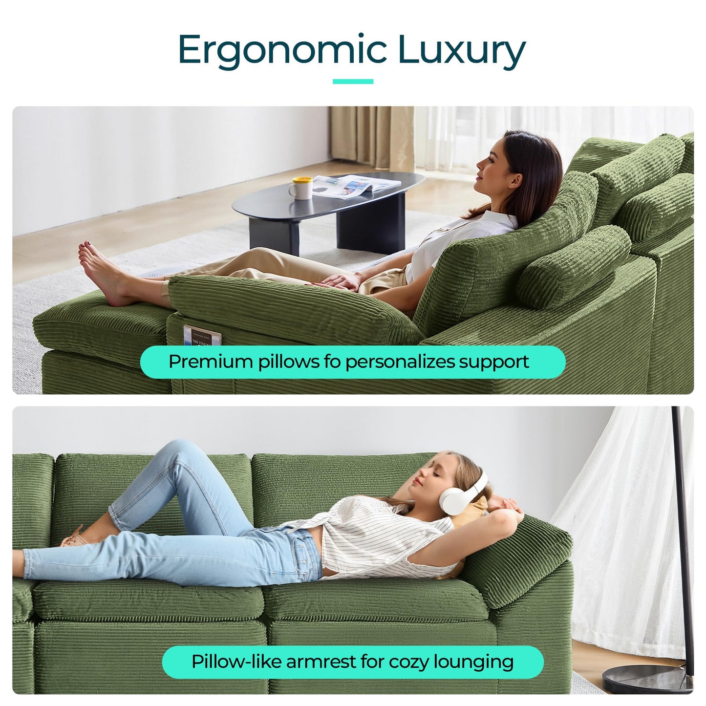 LINSY HOME 109" Modular Couch Modern Boneless Cloud Couch, U Shaped Sofa with Movable Ottomans, Deep Seat Corduroy Sectional Couches for Living Room, Apartment, No Assembly Required, Green
