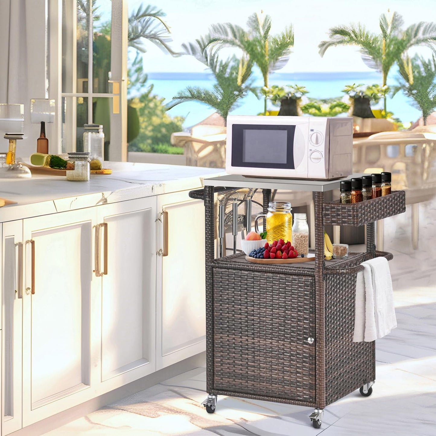 Grill Cart Outdoor with Wheels Outdoor Prep Table Grill Station with Storage Outdoor Kitchen Island Serving Cart with Stainless Steel Table Top BBQ Storage Cabinet for Outside Wicker Bar Cart Brown