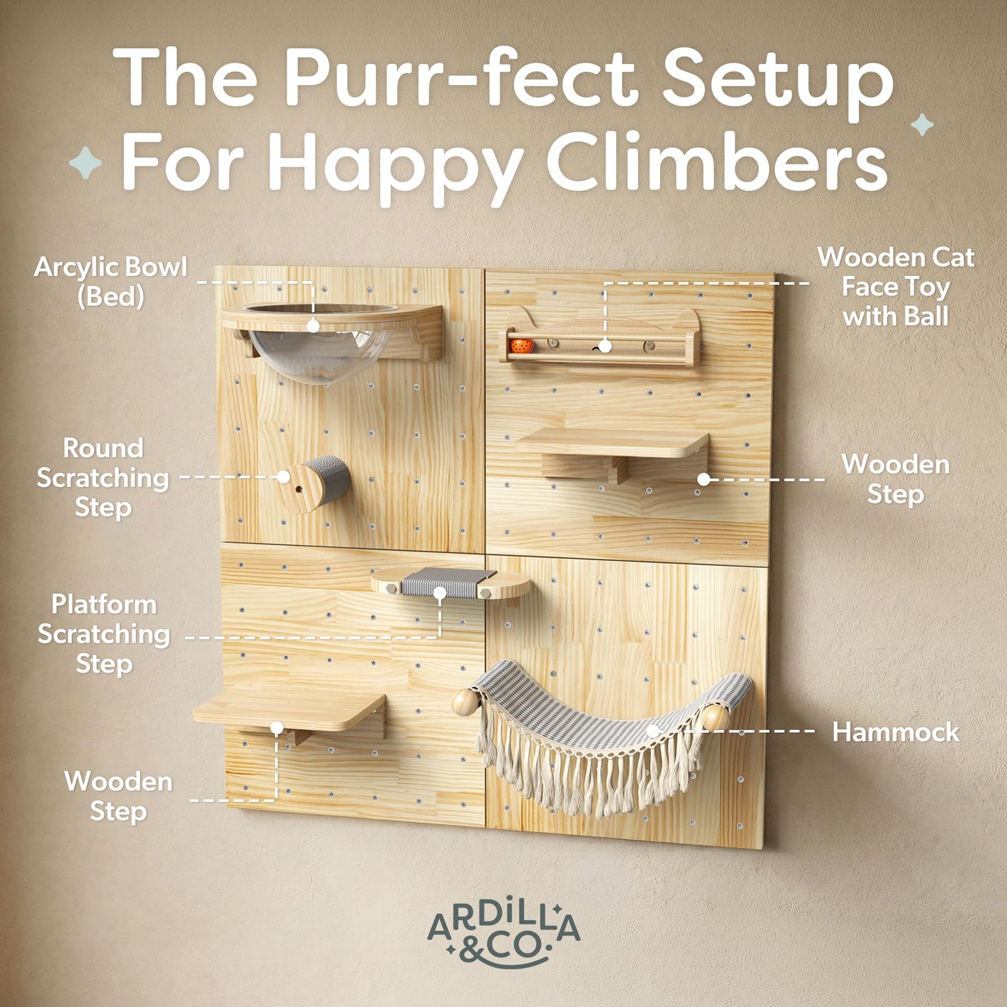 Ardilla & Co. Cat Wall Furniture – Wall-Mounted Modular Wooden Boards with 7 Moveable Accessories, Cat Wall Shelves, Hammock, Climber Steps, Perches, Walkways, Toy & Acrylic Bowl!