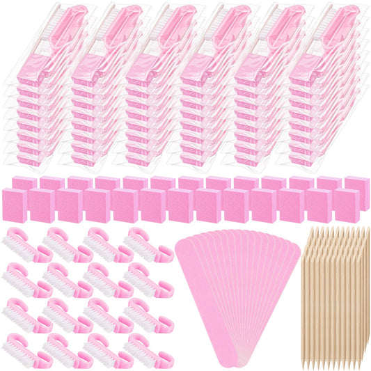 Leriton 100 Sets Mothers Day Professional Disposable Manicure Kit Basics 4 Piece Nail Kit Wood Nail File 100/180 Grit, Mini Buffer 80/100 Grit, Wood Stick and Handle Grip Brush Gifts(Pink)