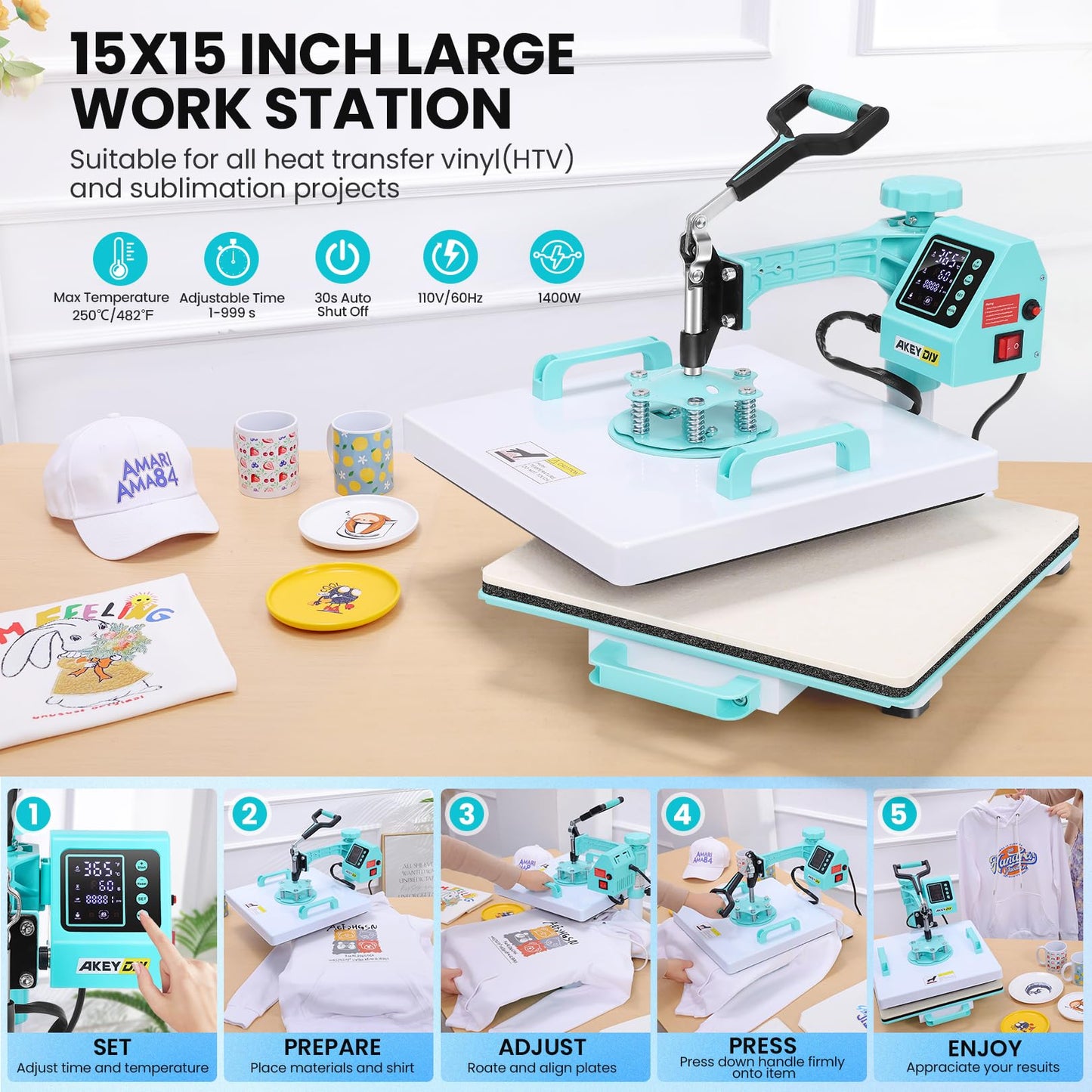 AKEYDIY Upgraded Heat Press Machine 8 in 1 Combo 15 X15 Digital Multifunction Shirt Press Machine for T Shirts Sublimation Machine 360-Degree Swing Away Dual-Tube Heating for DIY T-Shirts Caps&Mugs