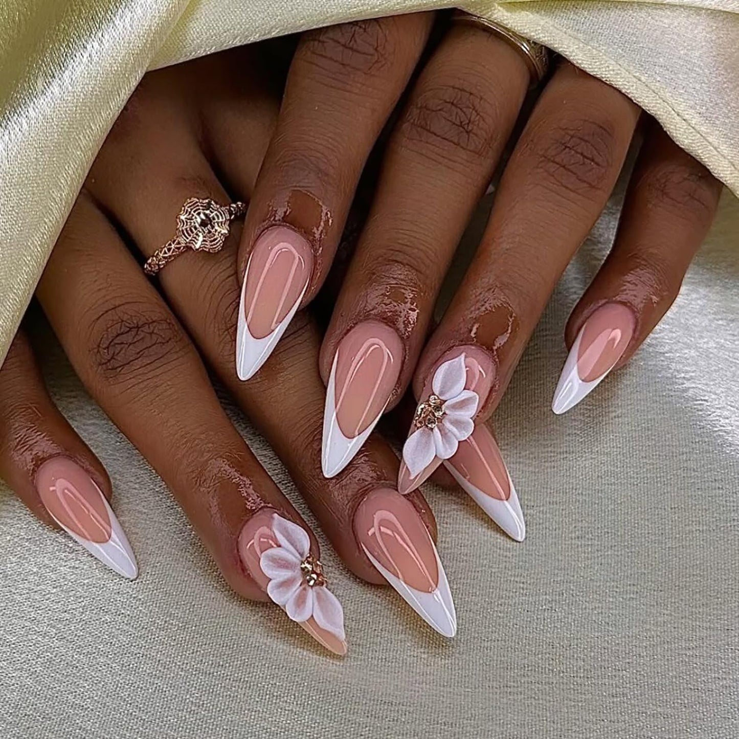 Luxury Press on Nails Long Stiletto Handmade 3D Unique Reusable ABS Material Fake Nails French Tip False Nails with Designs Rhinestones Floral Art Petal Glossy Glue on Nails Thick Acrylic Nails(S)