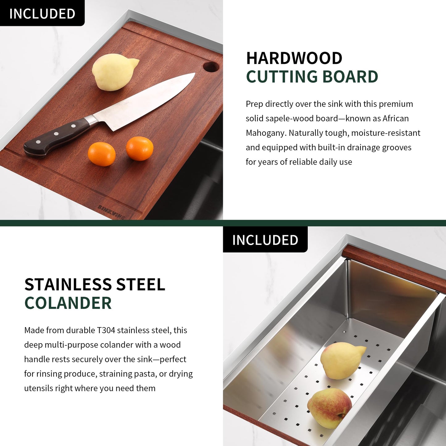 27-inch Undermount Kitchen Sink Workstation, SINKVINE 25x19 Outdoor Sink BBQ, Stainless Steel Single Bowl Basin w/Sapele-Wood Cutting Board, SST Colander w/Wood Handle, and Roll-up Dish Drying Unit