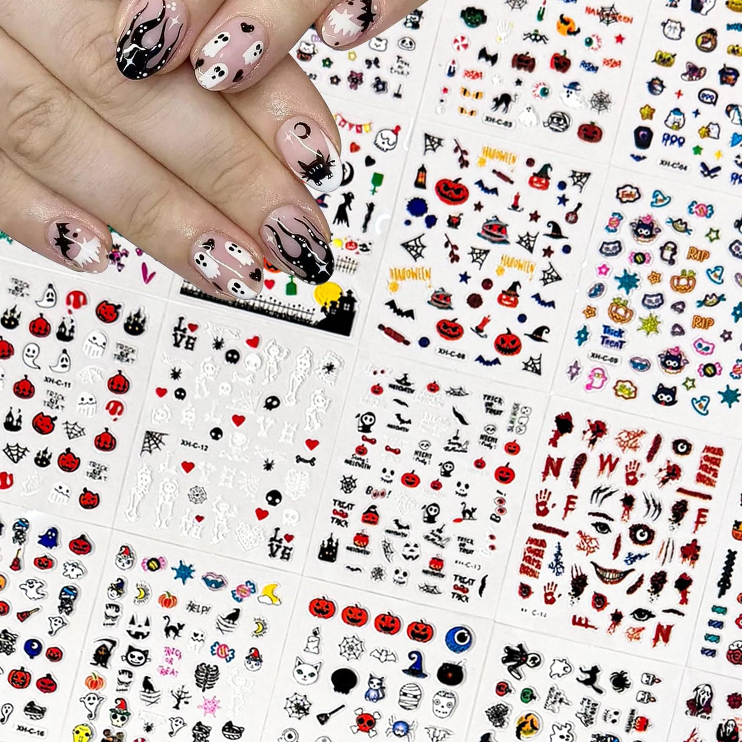 30 Sheets Halloween Nail Art Stickers Cute Pumpkin Skull Ghost Nail Stickers 3D Self-Adhesive Bat Spider Webs Nail Decals Nail Supplies for Women Girls Kids Decor