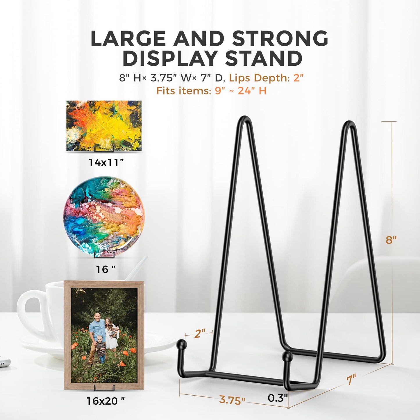 TR-LIFE 4 Pack 8 Inch Large Plate Stands for Display - Holder Stand + Metal Frame for Picture, Book, Decorative Platter, Photo Easel