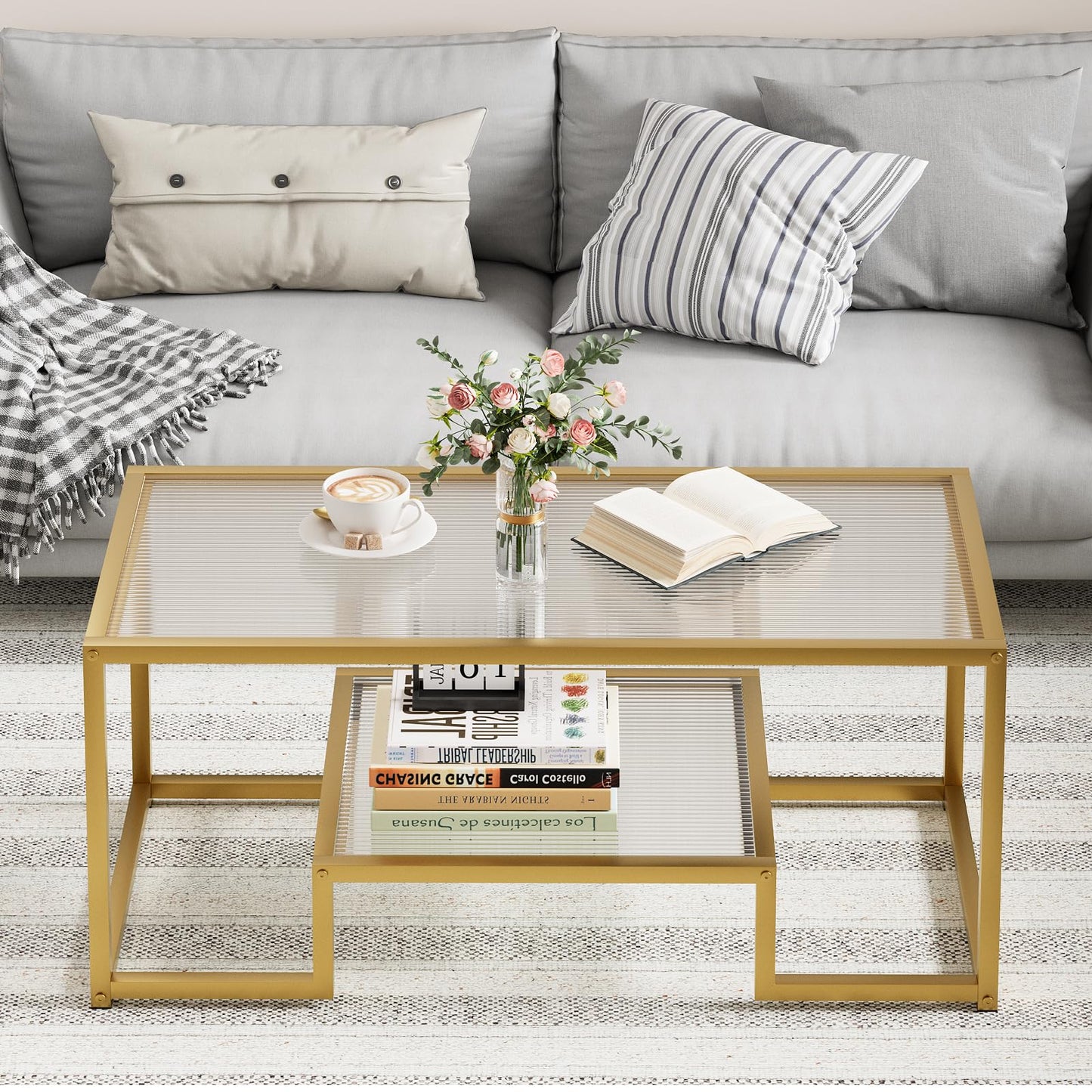 Wolawu Coffee Table Gold Glass Coffee Table for Living Room,2 Tiers Rectangle Center Table with Ribbed Glass Top and Sturdy Metal Frame,Modern Glass Accent Table for Bedroom Home Office