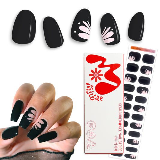 Kijibae Semi Cured Gel Polish Strips | 24pc UV LED Required Wraps | Gift Peel and Stick Nails | Coquette DIY Home Manicure | Press On Alternative (Midnight Butterfly)