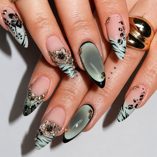 Medium Press on Nails Almond Fake Nails Green Artificial Nail Animal Print Stick on Nail with Black Tip Metal Flower Rhinestone Accent for Women 24pcs