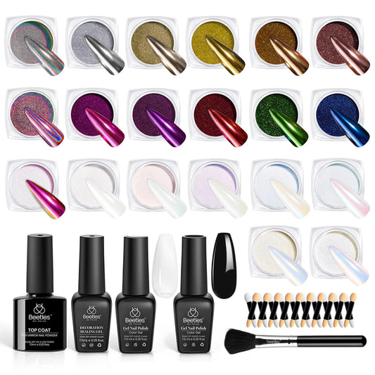 Beetles 20 Colors Metallic Chrome Nail Powder Kit 24Pcs Pearl Chrome Nails Powder Glitter Gold Silver Mirror Nail Art with Base Top Coat & Decoration Sealing Black Gel Nails Polish Gifts for Women