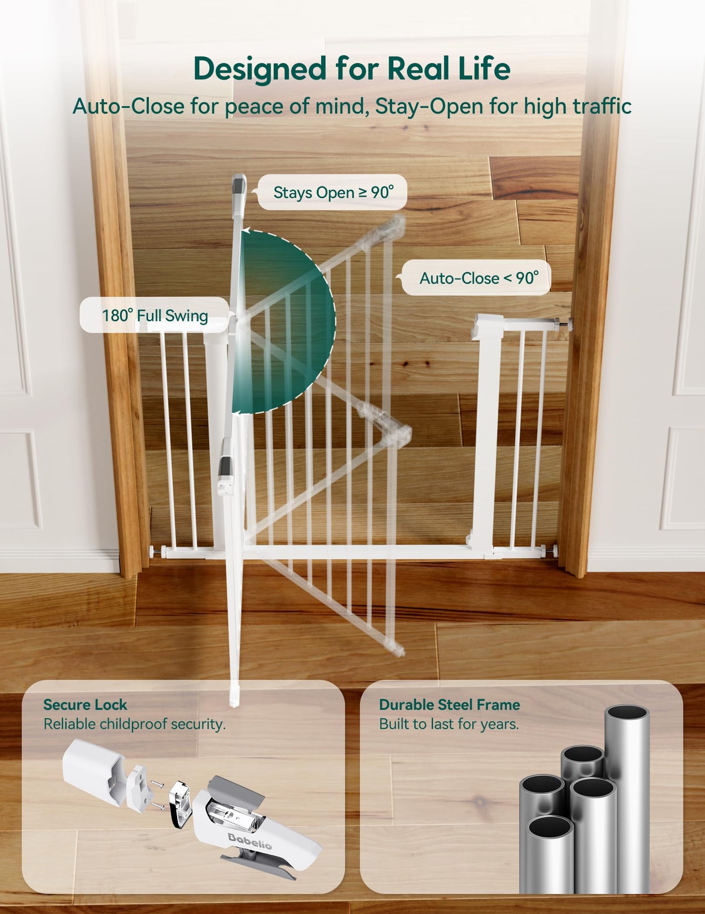BABELIO Safety Gate Door Fits for Stairs, Narrow and Wide Doorways with Auto Close, Easy Install, No Drilling, Pressure Mounted for Baby, Child, Pets, Dog/Puppy, 26''-40'', White