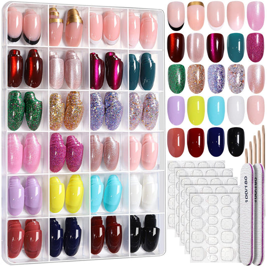 FANDAMEI Press on Nails, 24 Colors 576PCS Cat Eye Press on Nails Short Oval, Glitter Fake Nails, Press on Nails French Tip Natural Glossy Nails for Nail Art