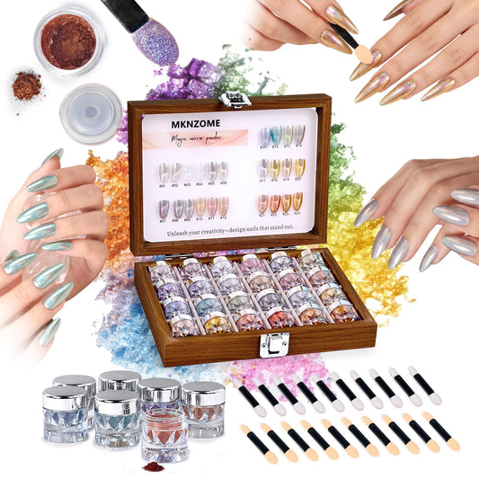 MKNZOME 24 Colors Chrome Nail Powder, Metallic Mirror Holographic Effect Pigment Glitter Black Gold Silver for Home Nail Art Decoration DIY Salon Manicure, Gift for Women