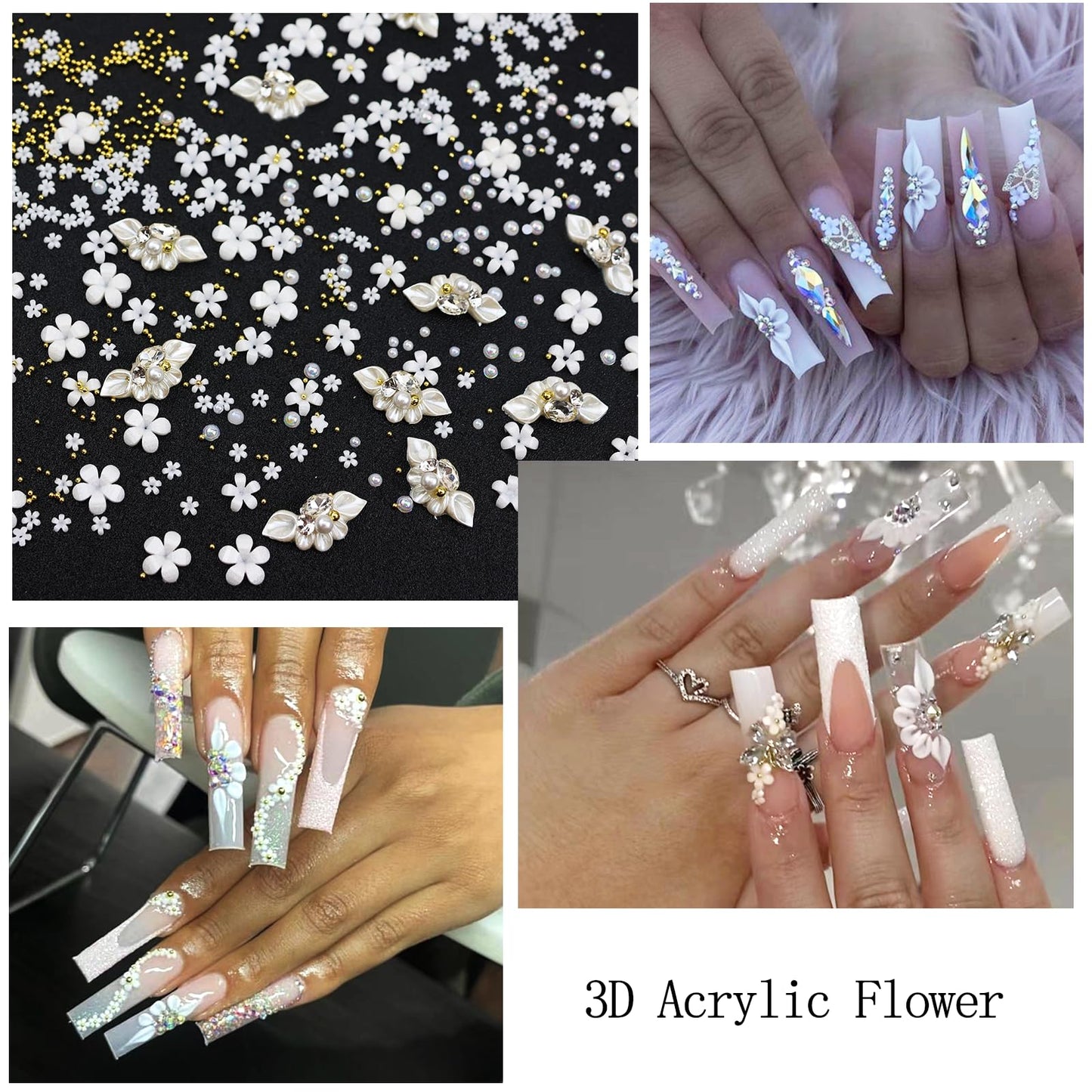 SEMATA 3D Flower Nail Art Charms Mixed Size White Nails Gems Flatback Nail Pearls White Flower Nails Art Accessories Decoration Design for Women