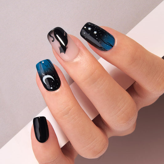 CurvLife Press on Nails Acrylic Fake Nails with Night Medium Square Design Full Cover False Nails for Women Reusable Nail Kit with Nail Glue Adhesive Tabs