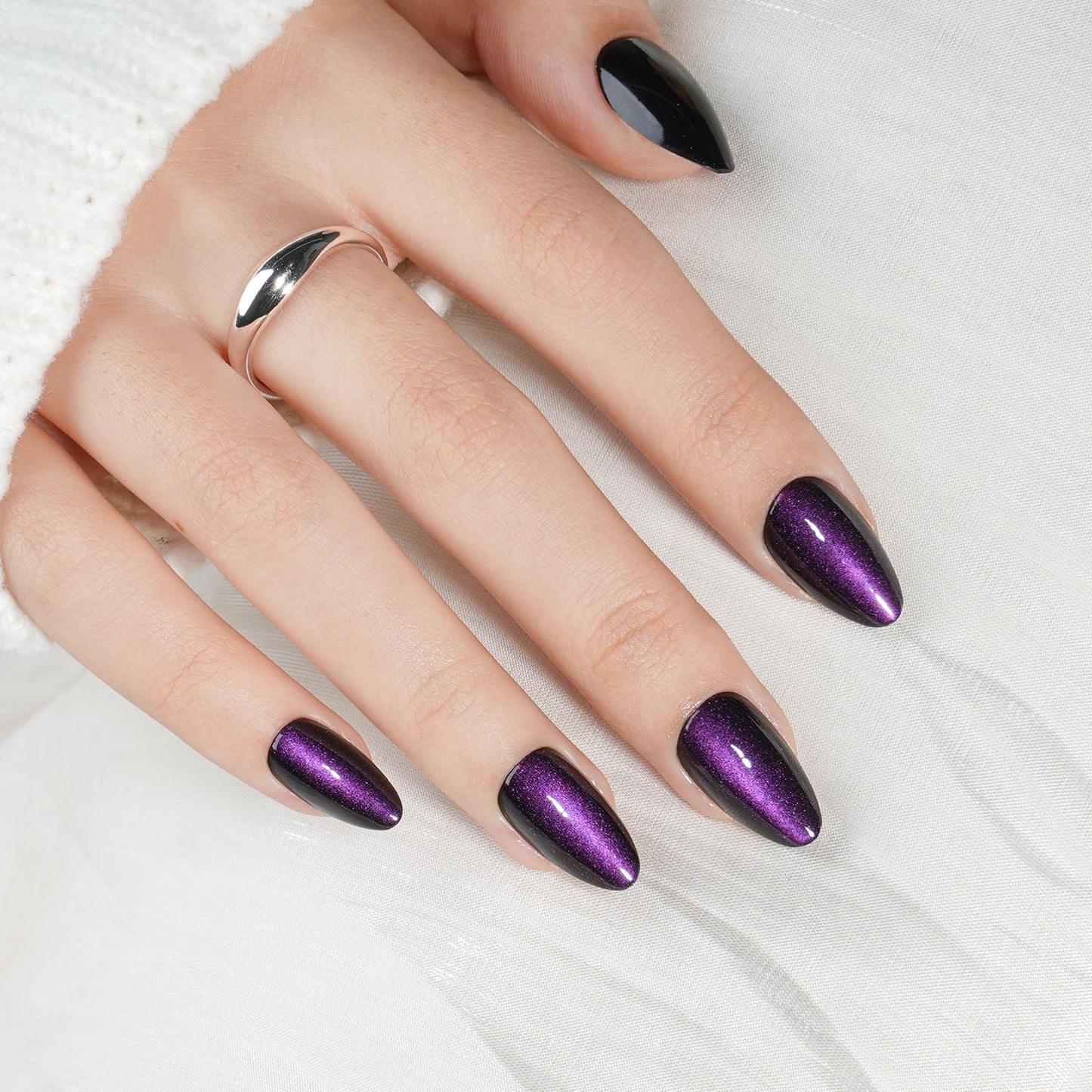 Leefrei Purple Cat Eye Press on Nails - Short Almond Cat Eye Nails, Soft Gel Violet Reusable Glossy Fake Nails Press ons for Women, 32 pcs in 16 Sizes False Nails Kit with Glue, Violet Mirage