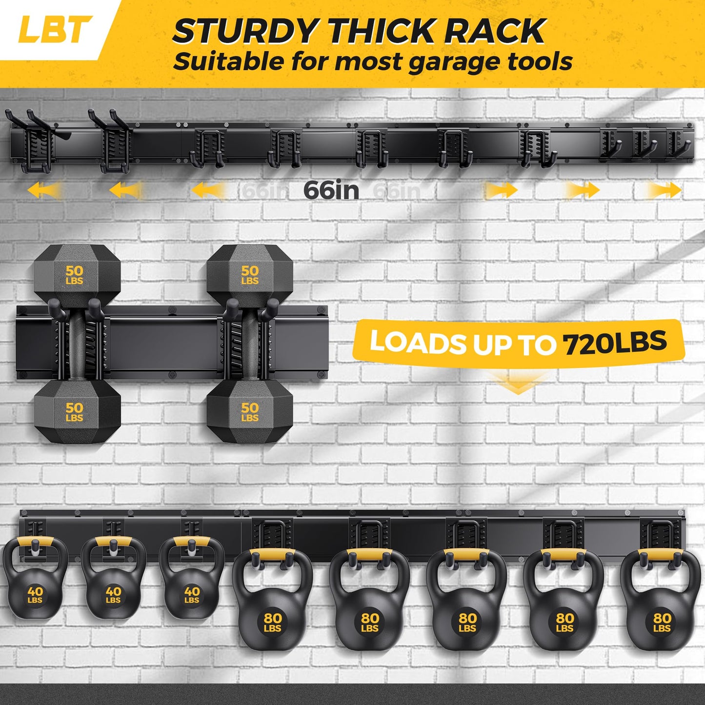 LBT 66" Garage Tool Organizer Wall Mount - 720lbs Garden Tool Organizer with Adjustable Hooks, Heavy Duty Metal Garage Storage Rack, Anti-Rust Shed Rack Holder Hanging Rake Broom Mower Snowboard